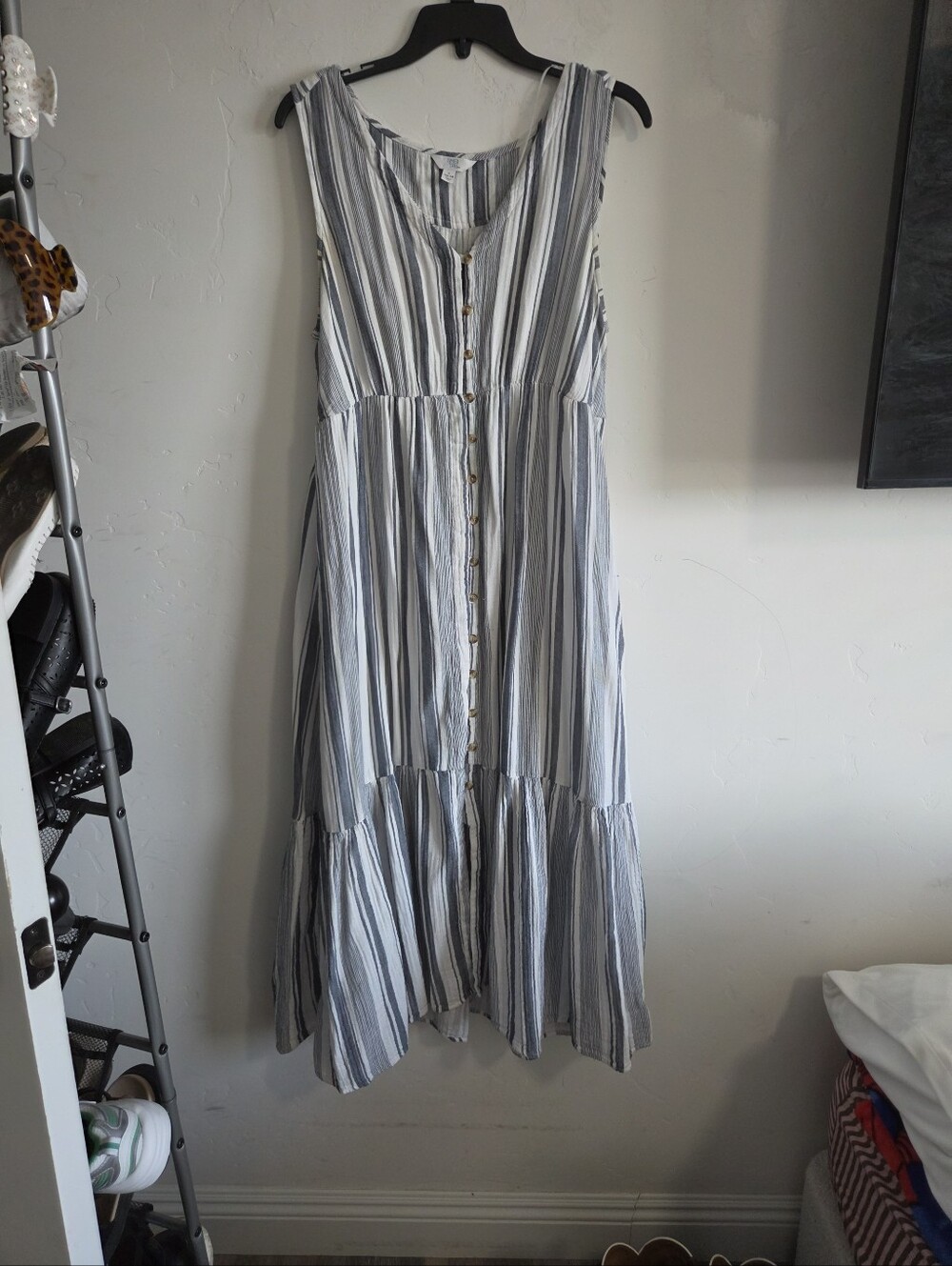 Sleeveless Button-Front Stripe Midi Dress - Blue & White